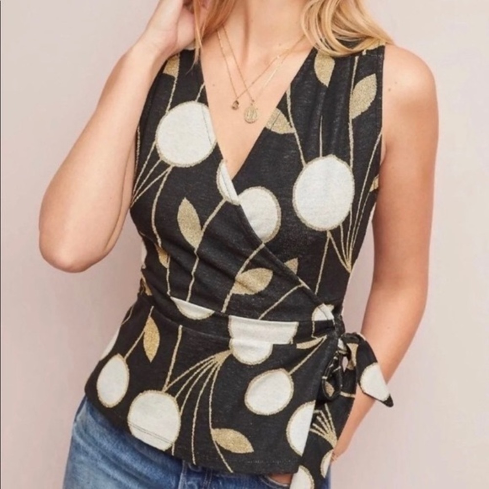 NWT *ANTHROPOLOGIE* Maeve *CRASPEDIA* Wrap Top … Black & Gold Glittery … Size: S